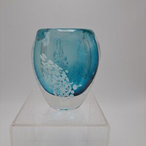 Studio Art Glass Vase Paperweight Blue & White Design Signed H Harris